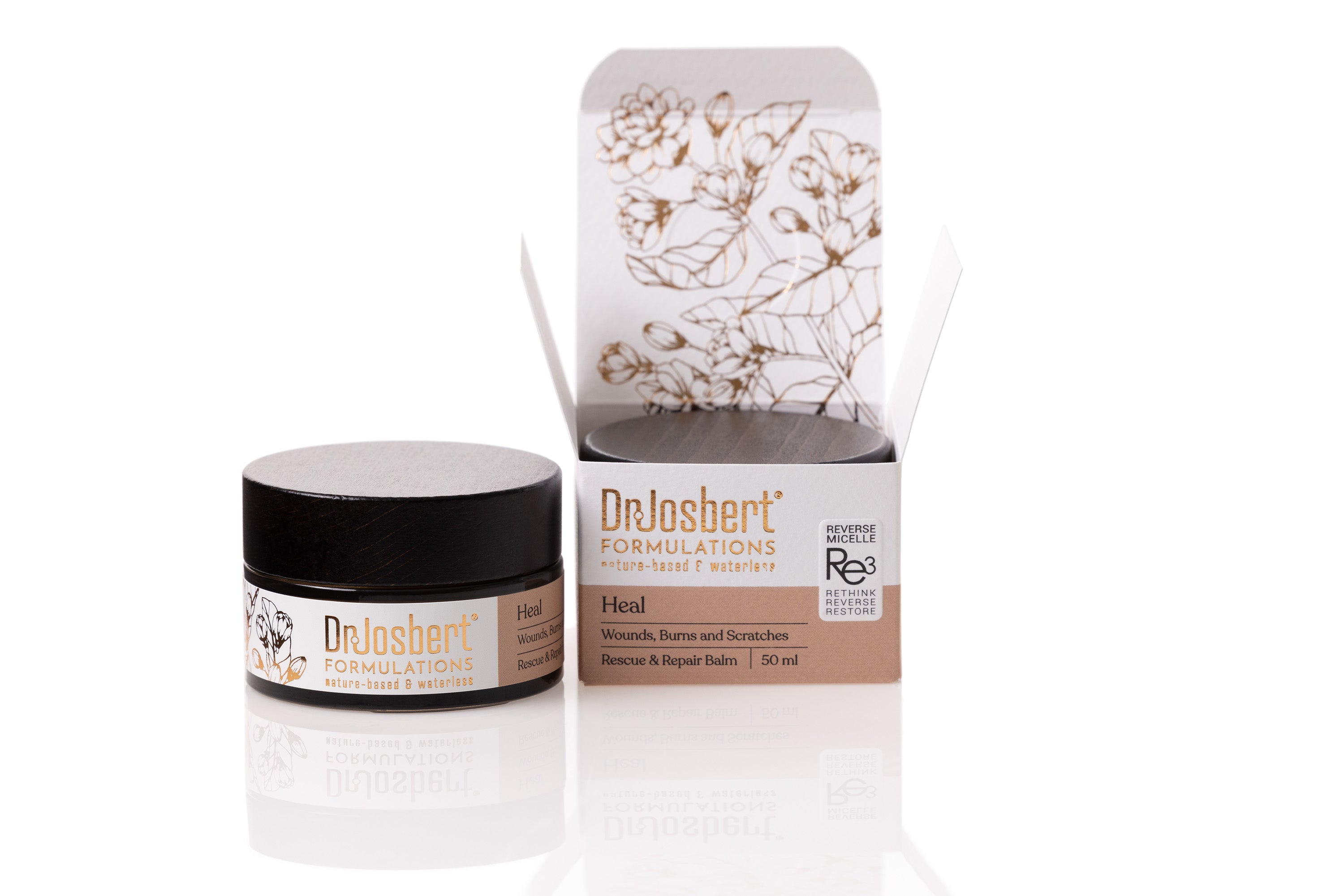 Waterless natural therapeutic balm with jasmin tea extract ingredients that heals wounds, burns, scratches and damaged skin